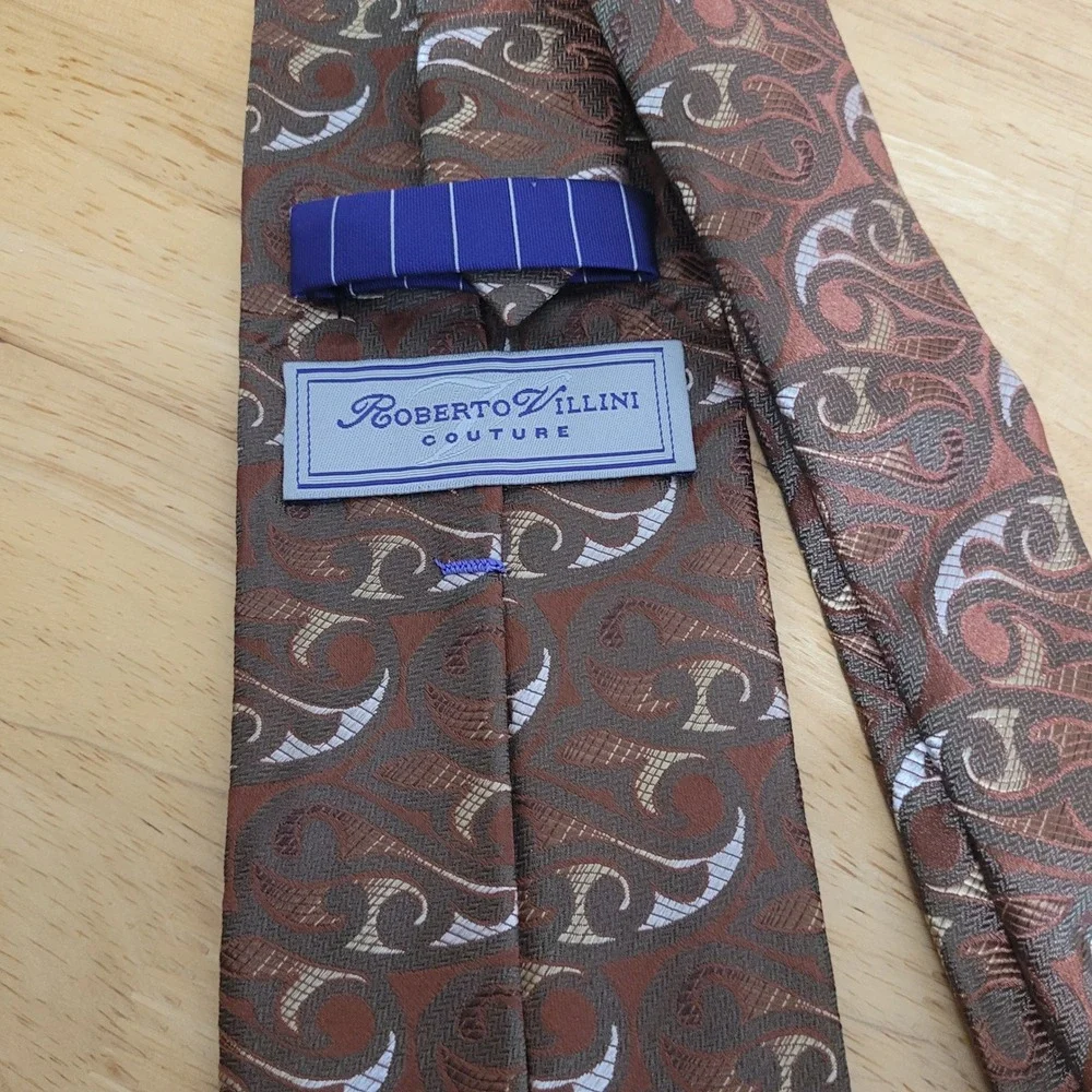 Roberto Villini Couture Mens Tie‎ Brown Silver Abstract Paisley Woven Silk Blend